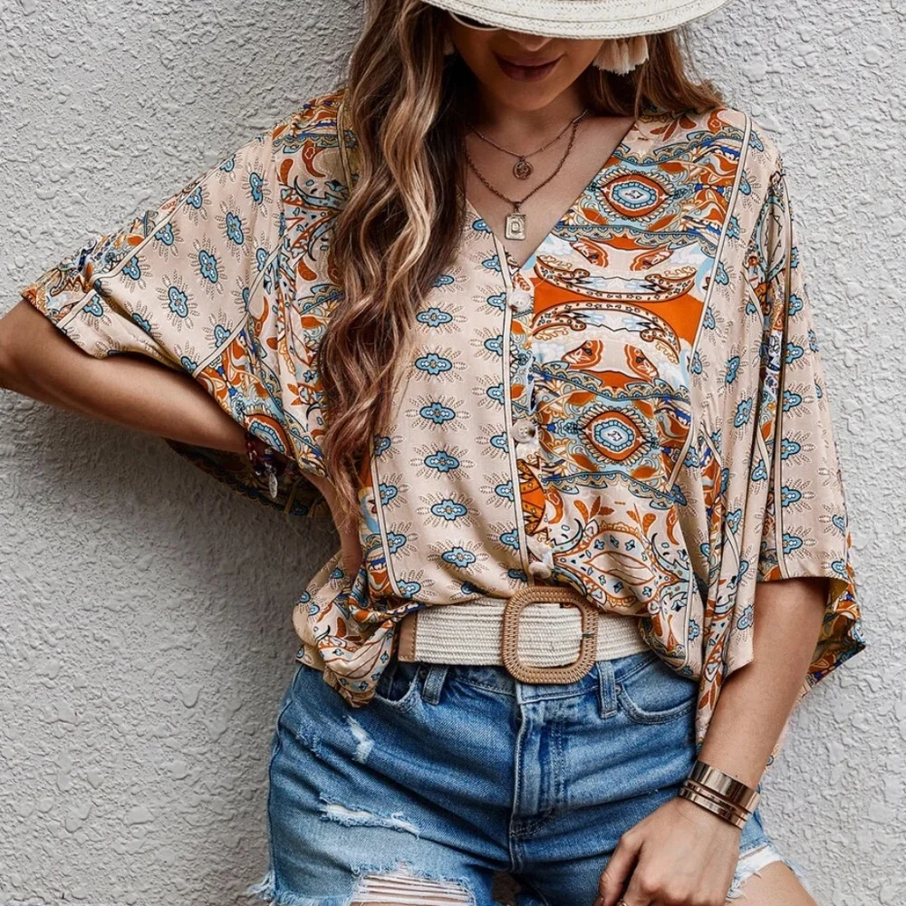 Boho Floral Print Kimono Sleeve Oversized Top - Picture 7 of 8
